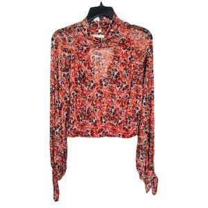 Free People All Dolled Up Mesh Crop Top Women’s Small Red Floral Mock Neck Ties